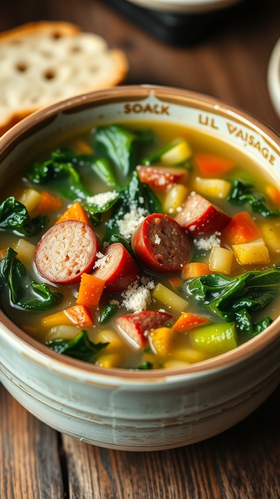 Hearty Kale and Sausage Soup Recipe A bowl of kale and sausage soup with green kale, sausage, and vegetables, garnished with Parmesan cheese, on a wooden table with bread.